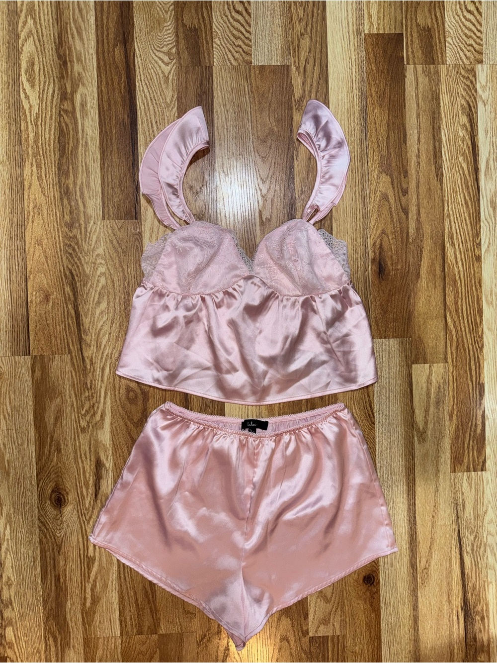 Lulus Keona Satin Lace Ruffled Two-Piece Pajama Set Women’s S Pink